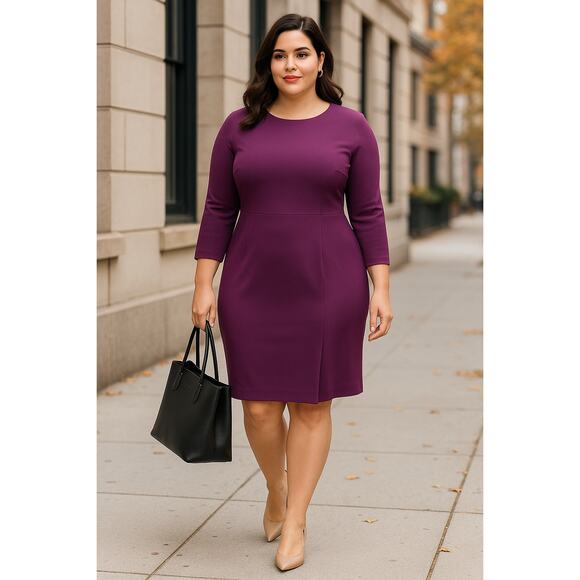 Of Mercer Purple 3/4 Sleeve Pleated Shift Dress Women’s Size 6 Knee Length - Picture 1 of 13